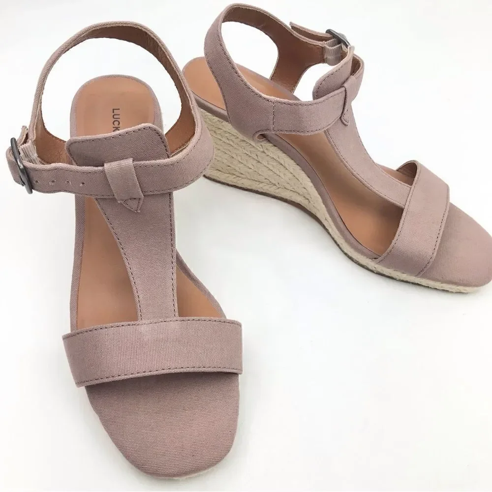 Lucky Brand Millinda Pink Espadrille T Strap Wedge Sandal in Antler Canvas